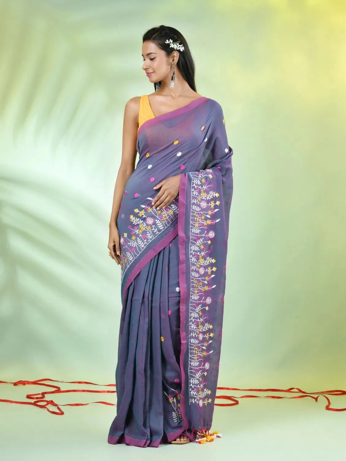 Embroidered Grey Cotton Saree | Indian Wedding Sarees