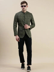 Men Green Printed Casual Blazer-SOBLZ-029-7-Olive