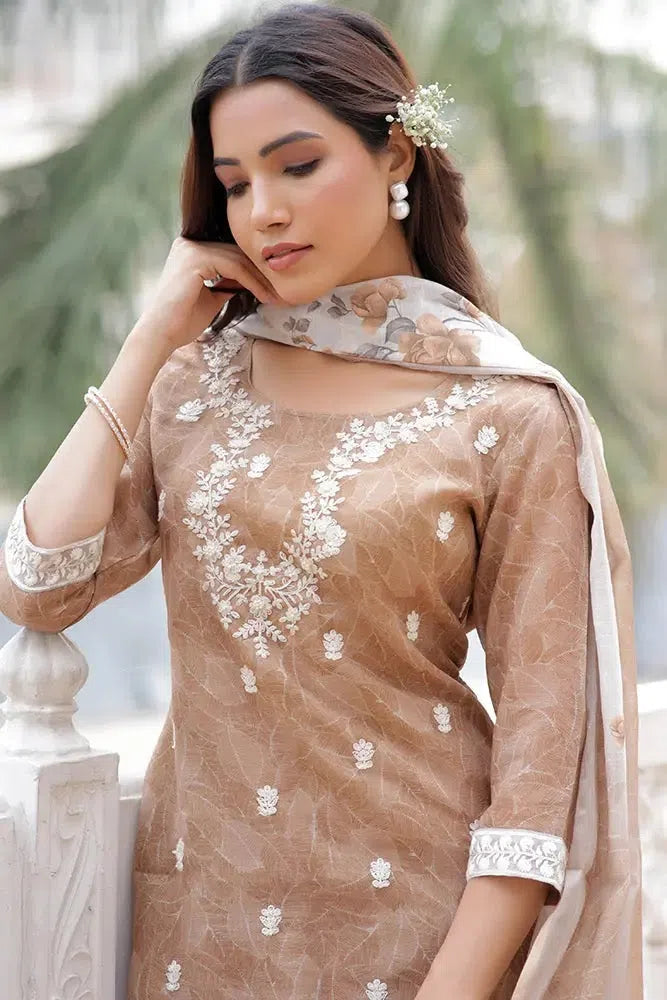 Women Brown Linen Kurta Embroidered Kurta Set With Solid Pants & Dupatta-132-Vaas-Brown