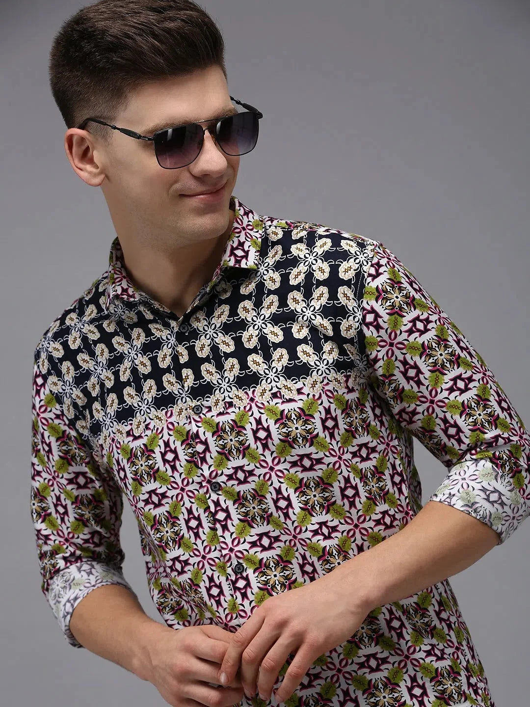 Men's Navy Cotton Printed Shirt - Casual Mens Shirt | DesiQlo