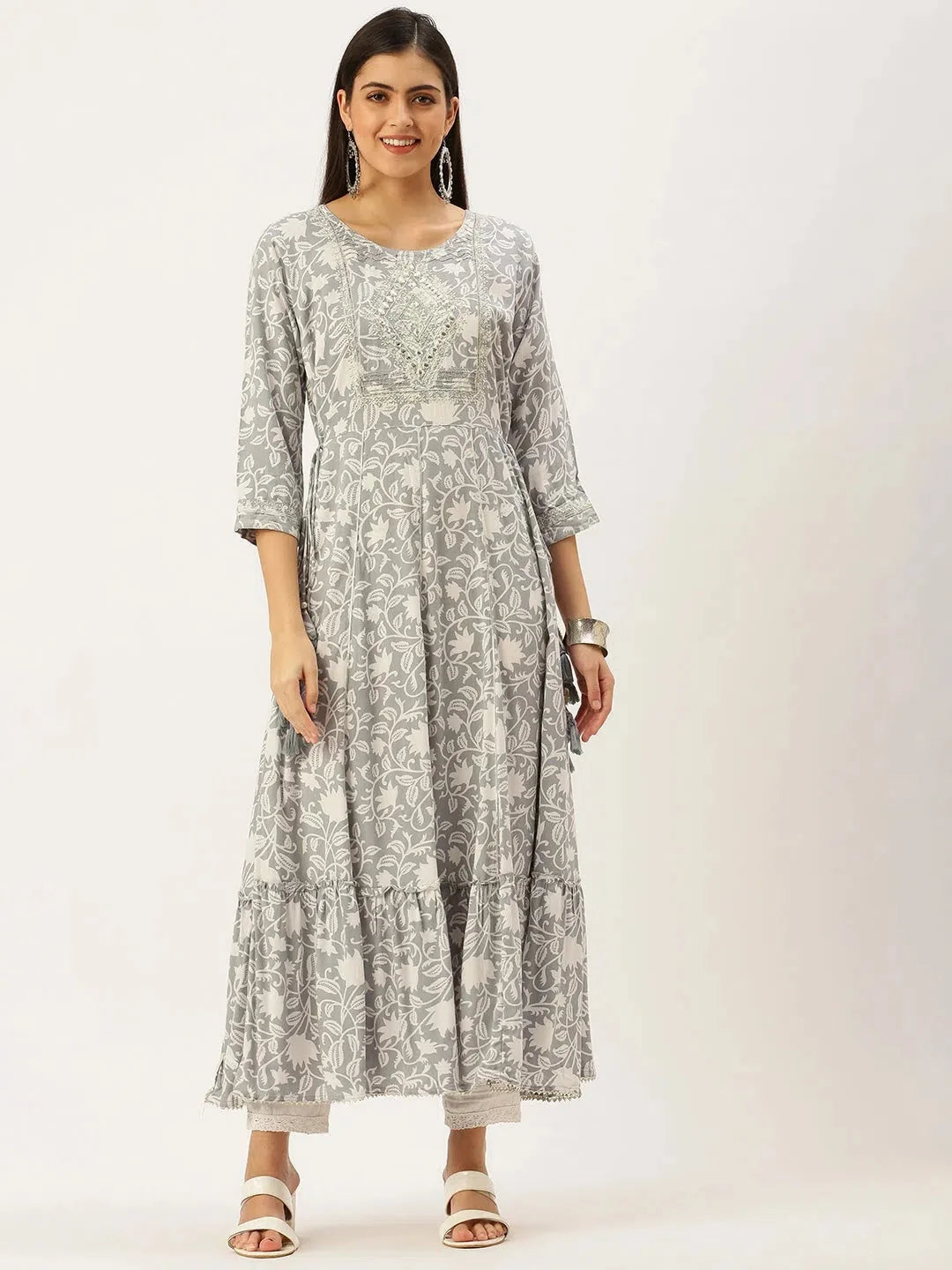 Grey Printed Anarkali Kurta - Women's Cotton Kurti for Daily Wear