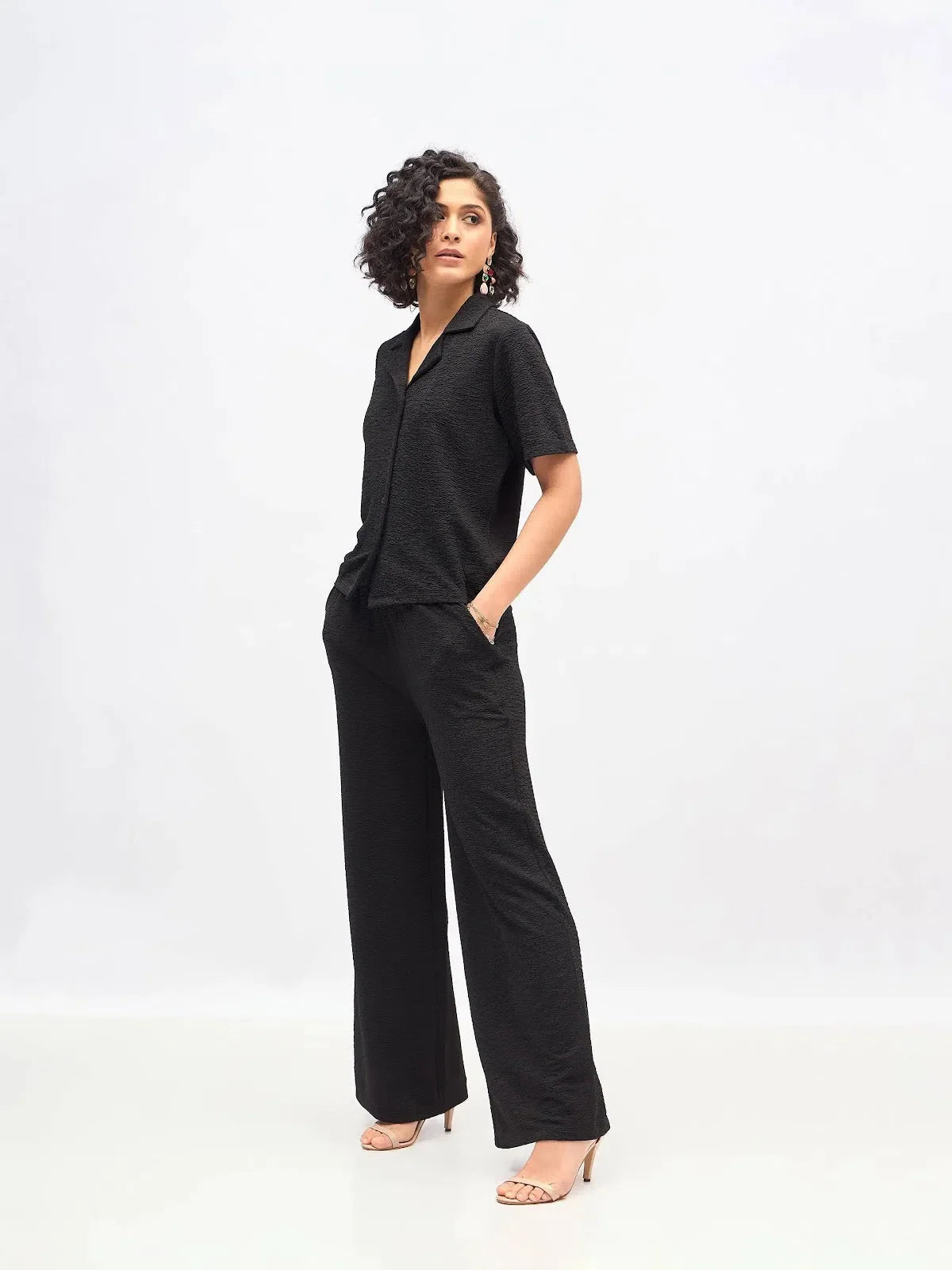 Chic Black Knit Two Piece Sets: Notch Collar Shirt & Pants
