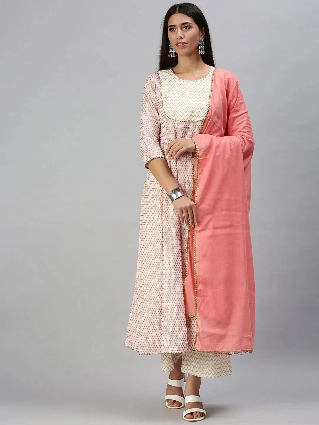 White & Pink Printed Kurta Set - Women's Indian Kurta