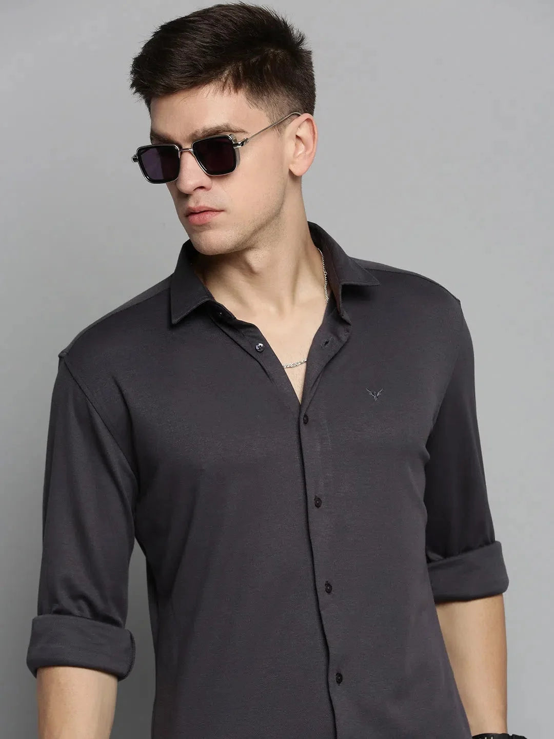 Men Grey Solid Casual Shirt-CARLOKNITS-3223-Grey