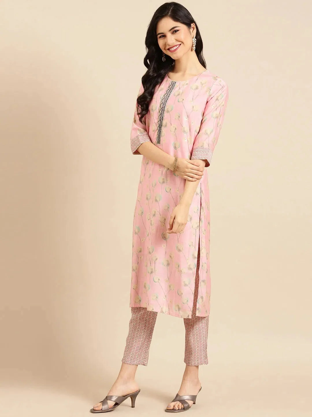 Pink Floral Women's Kurta Sets | Designer Kurta Sets