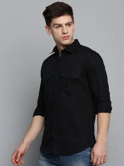 Men Black Solid Casual Shirt-RAPTORLINEN-4370-Black