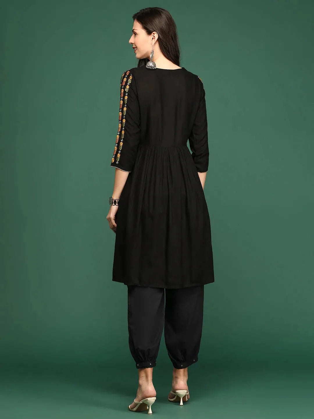 Black Embroidered Anarkali Kurta - Women's Cotton Anarkali Dress