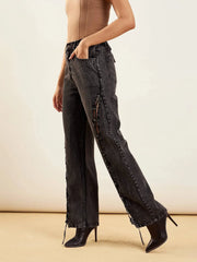 Women Black Washed Dori Insert Detail Straight Fit Jeans