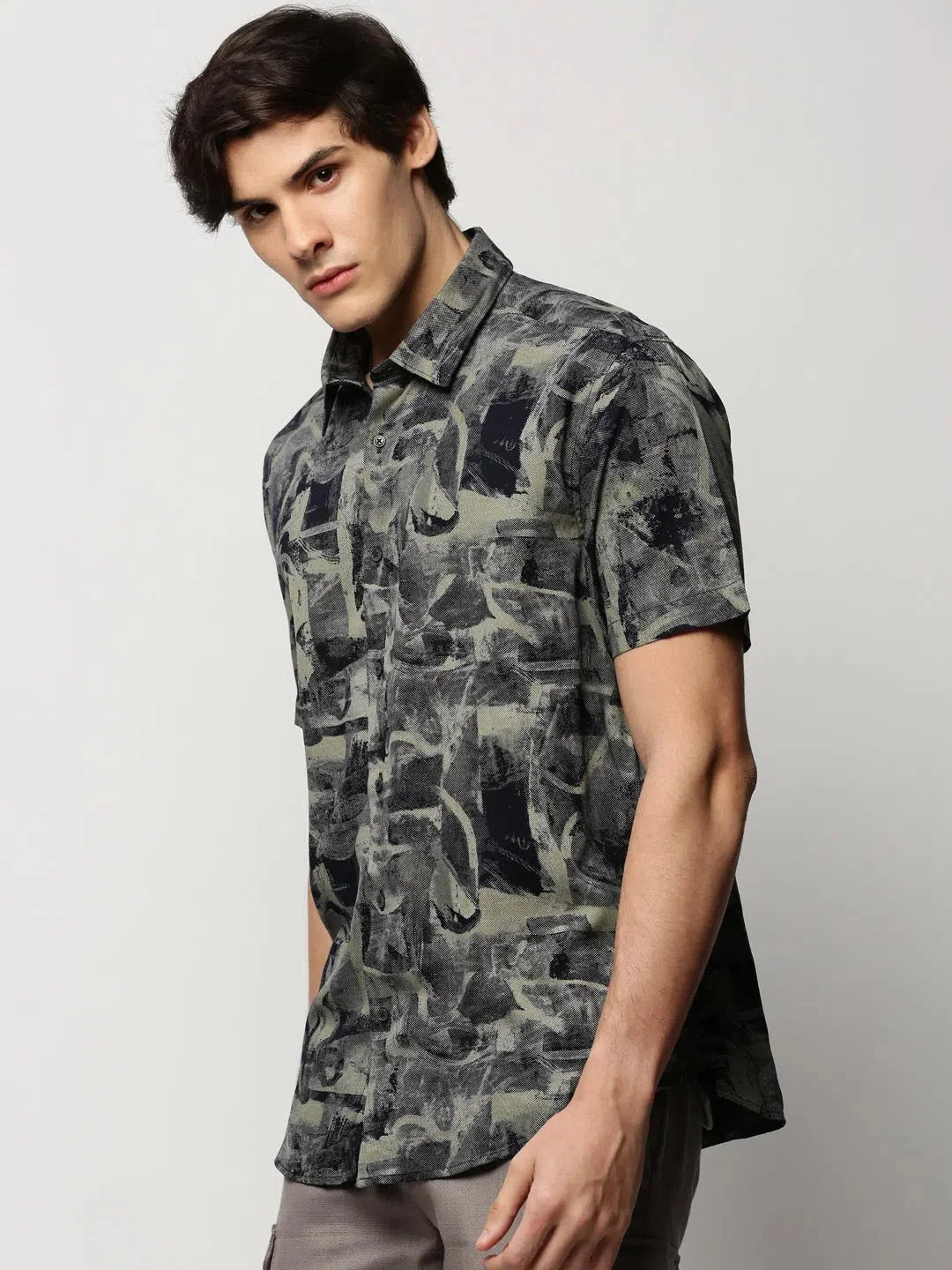 Khaki Printed Mens Shirt - Abstract Cotton Casual Shirts