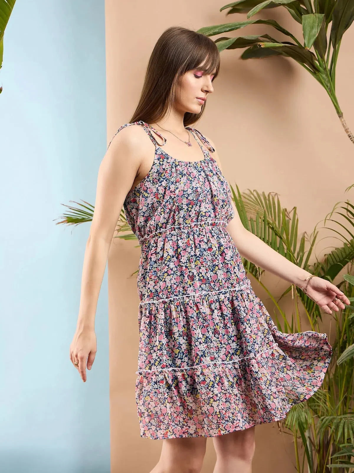 Navy Ditsy Floral Strappy Dress - Women's Ruffle Short Dress