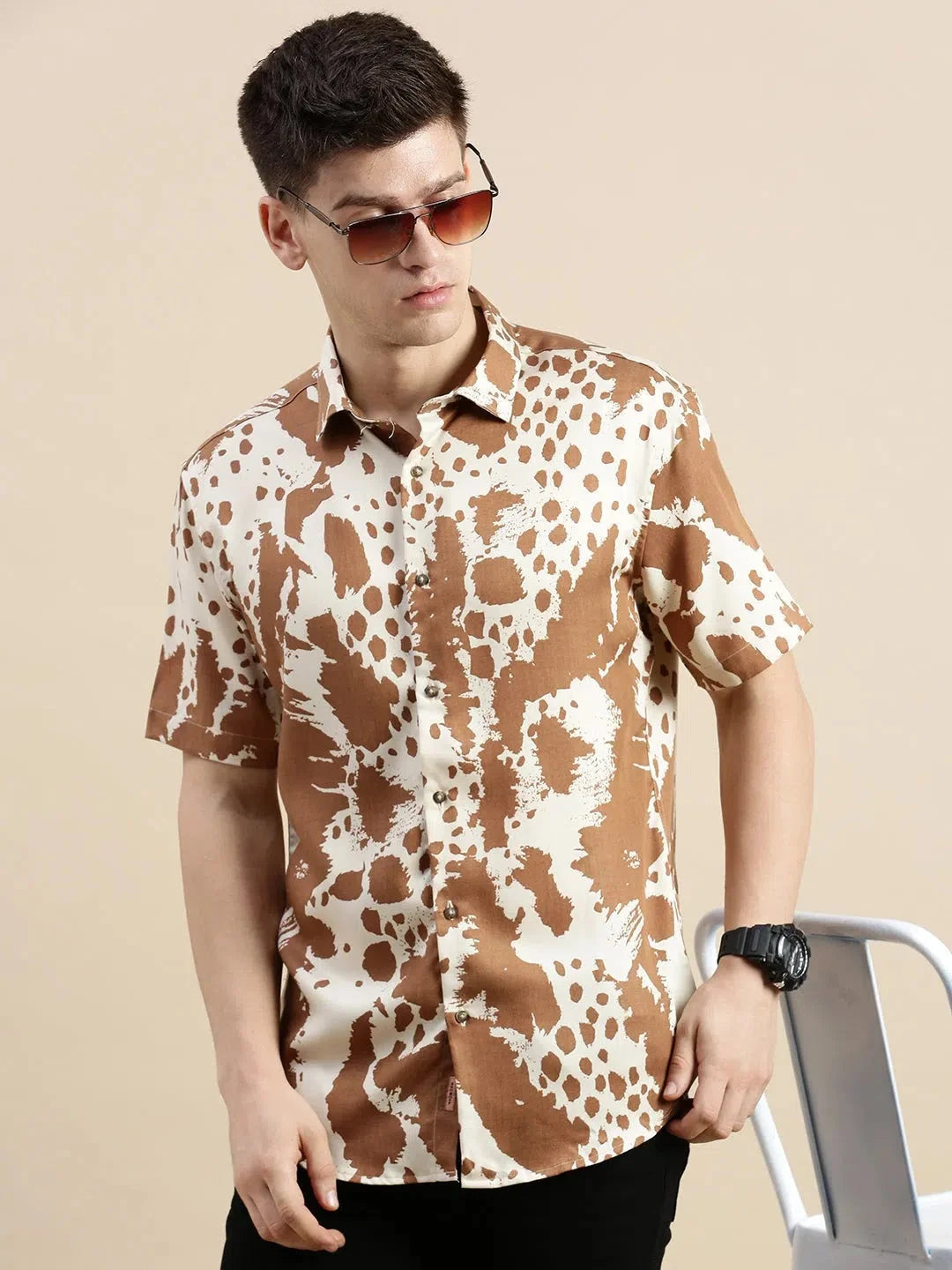 Cream Graphics Cotton Mens Shirt - Abstract Print Design