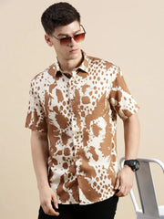 Men Cream Graphics Casual Shirt-DAHLIAPRINT-1713-Cream