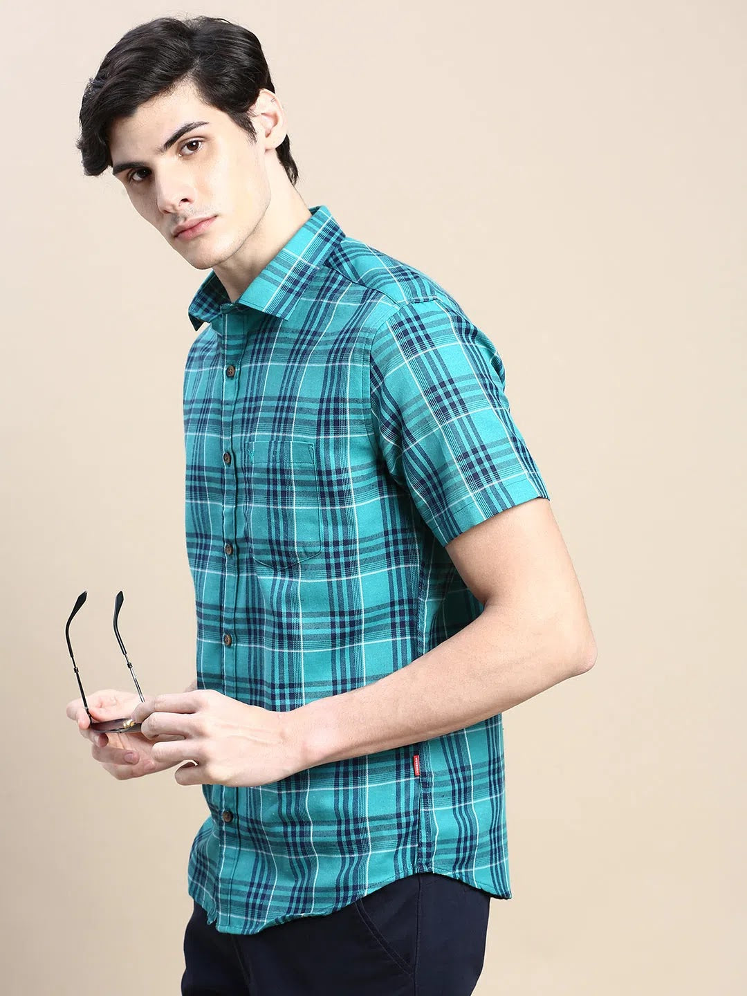 Green Checked Mens Shirt - DesiQlo Cotton Casual Wear