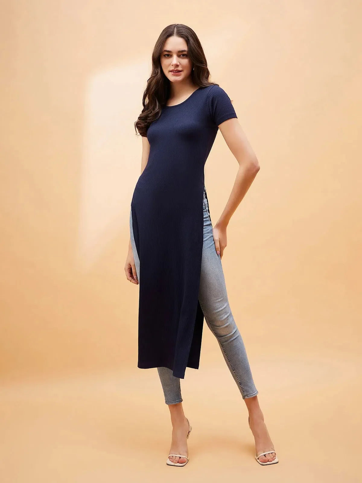 Navy Blue Rib Side Slit Longline Top | Women's Western Clothing