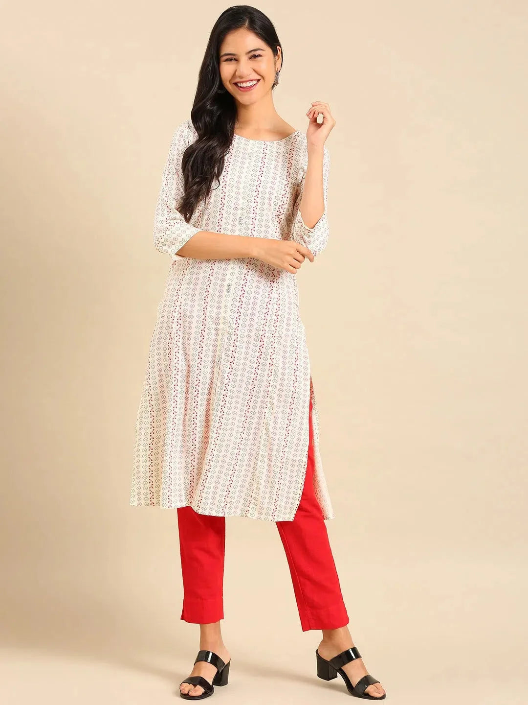 White Printed Kurta: Polyester Indian Kurta | DesiQlo