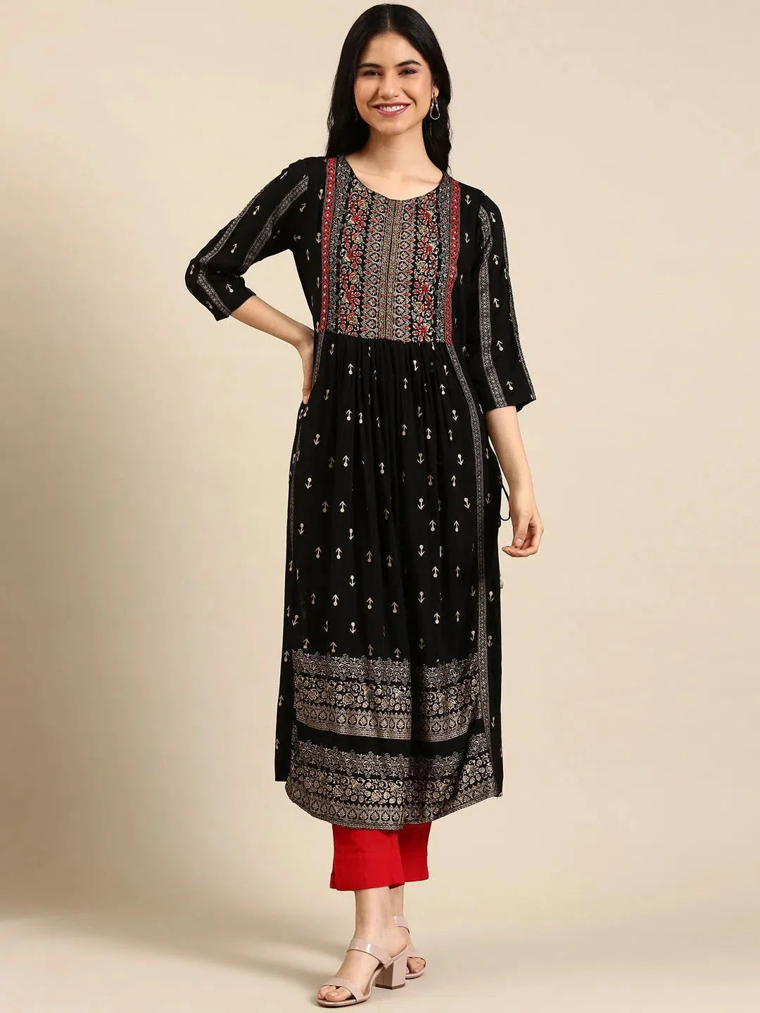 Black Printed Cotton Anarkali Kurti - Anarkali Kurtis for Women