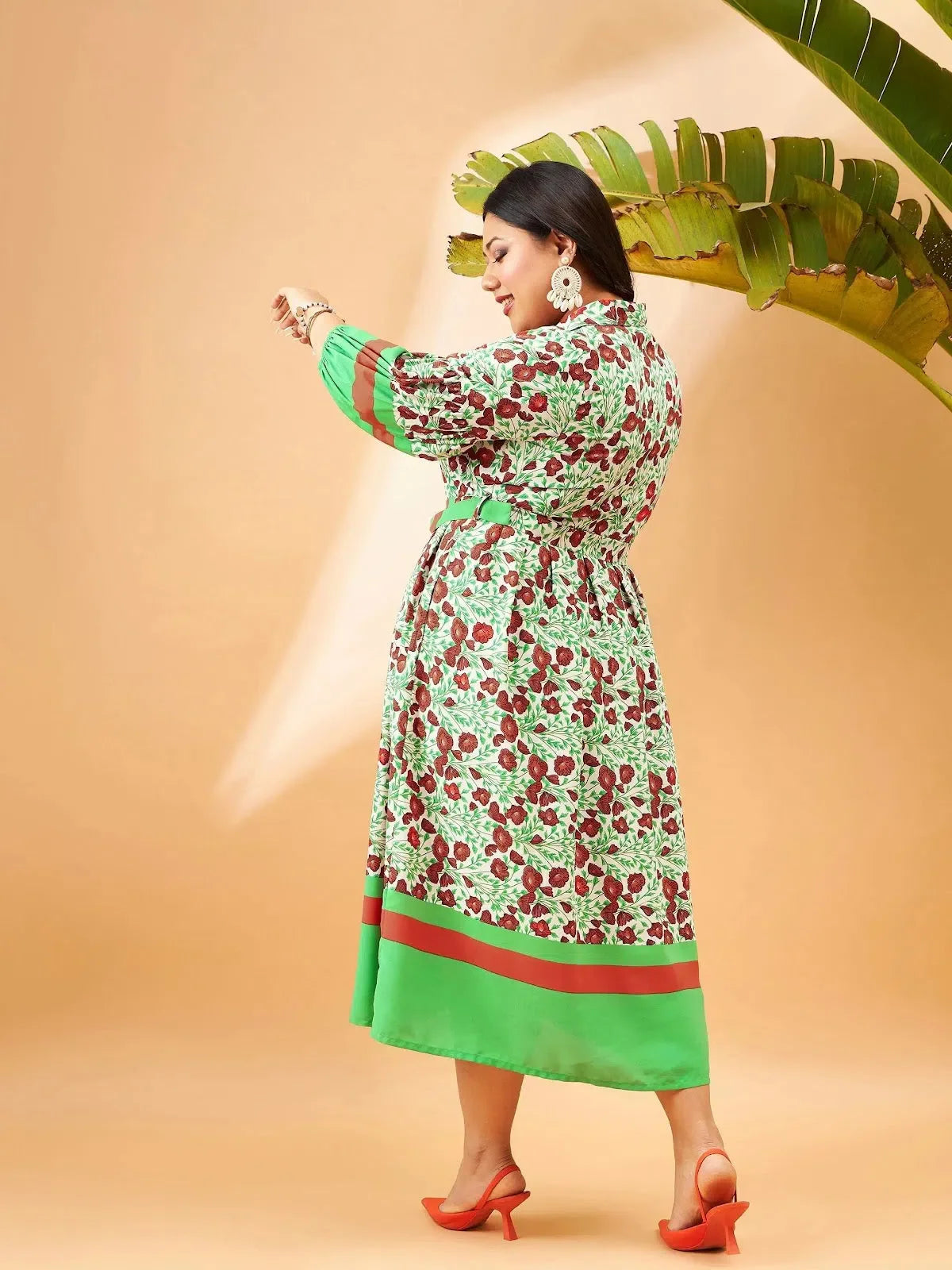 Green Floral Midi Shirt Dress - Women's Lehenga Choli Style