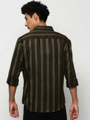 Men Green Striped Casual Casual Shirts-YARROWSTRIPE-5638-Olive