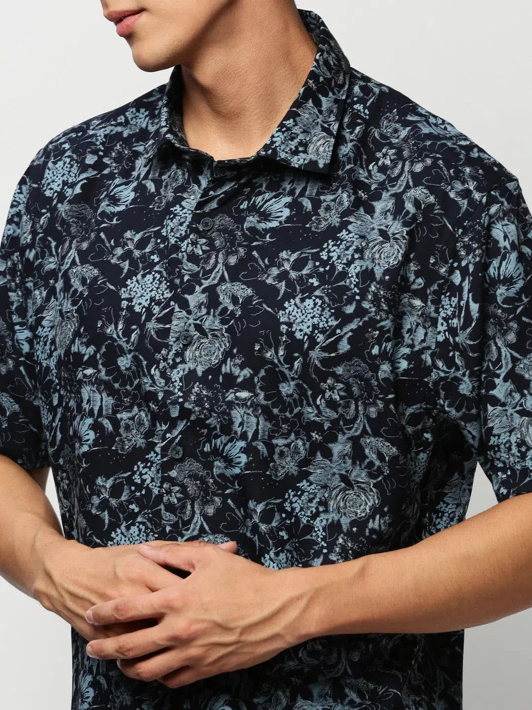 Navy Floral Mens Shirt - Cotton Casual Shirt | DesiQlo