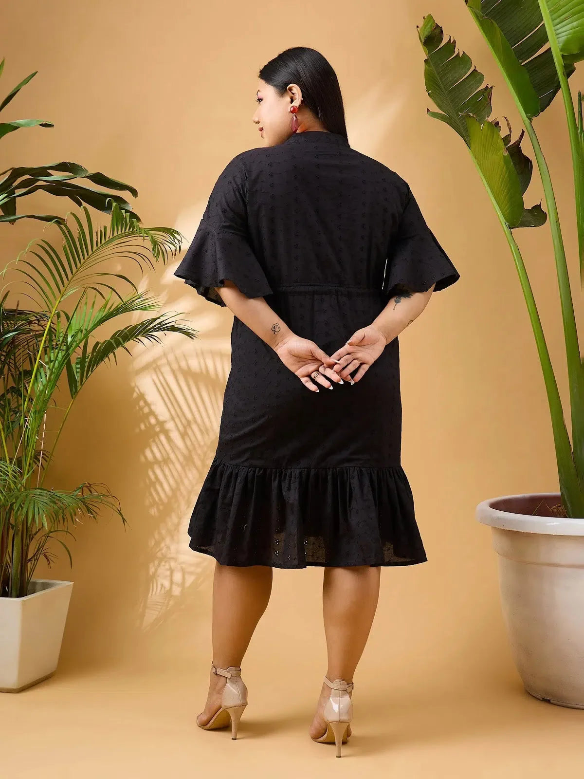 Black Schiffli Short Dress - Frill Sleeve Cotton Dress