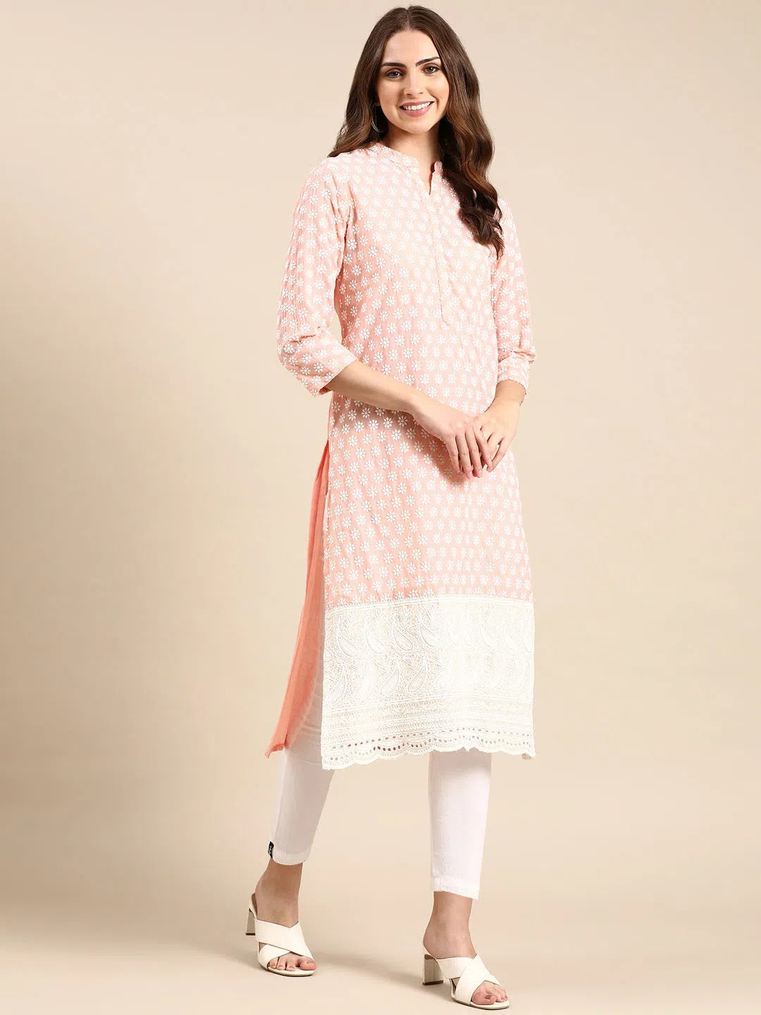 Peach Embroidered Indian Kurtis | Cotton Kurta for Ladies