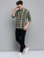 Men Green Checked Casual Shirt-AARONCHECKS-4341-Olive
