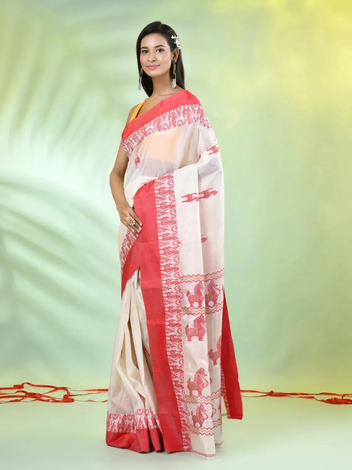 Off White Tussar Silk Saree - Indian Sarees & Horse Motifs