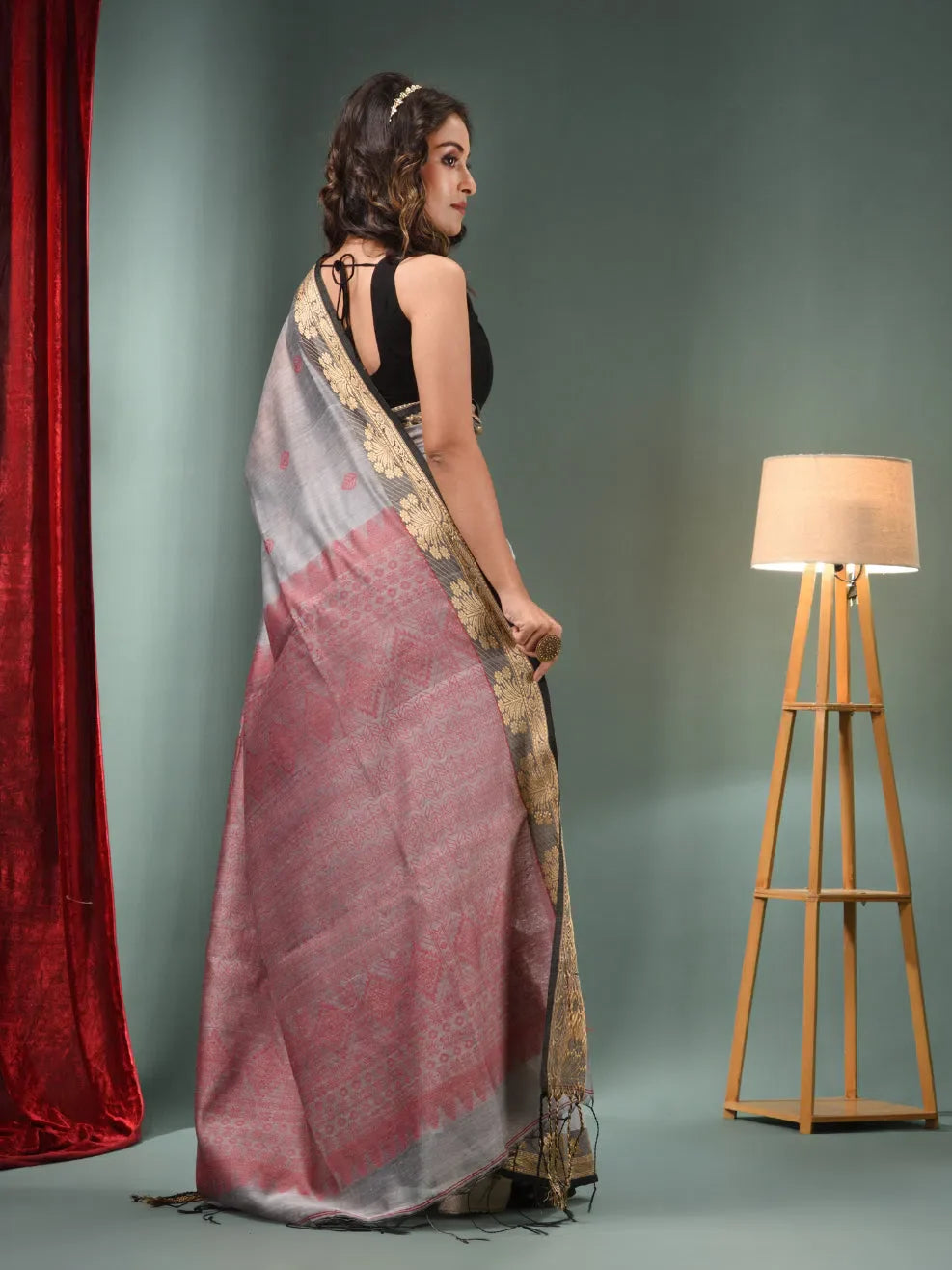Light Grey Cotton Blend Handwoven Saree With Woven Zari Border-MA50BCT061100036