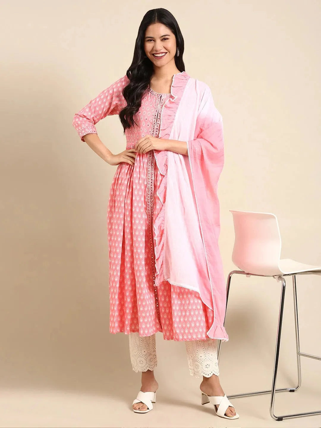 Pink Printed Cotton Anarkali Kurti | Women's Anarkali Dress