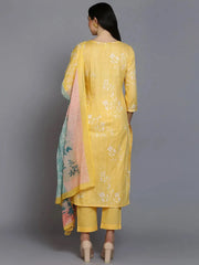 Women Yellow Cotton Blend Printed Straight Kurta Pant Set