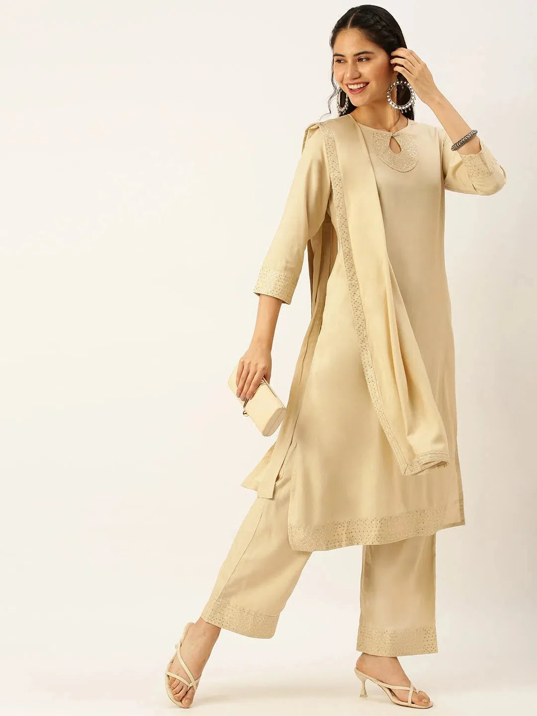 Women's Beige Solid Kurta Sets | Elegant Cotton Kurta Sets