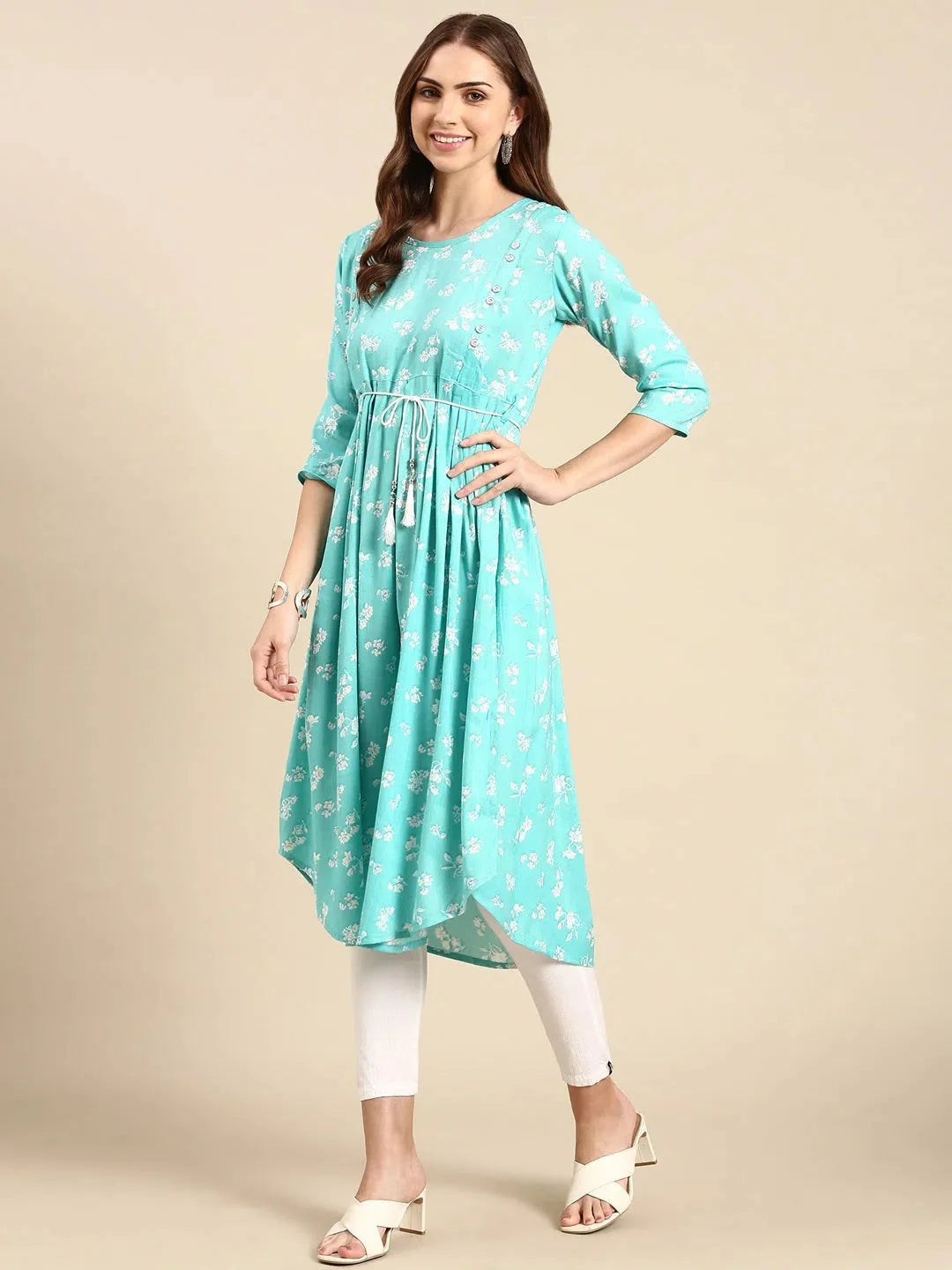 Turquoise Blue Printed Anarkali Kurti for Women | DesiQlo