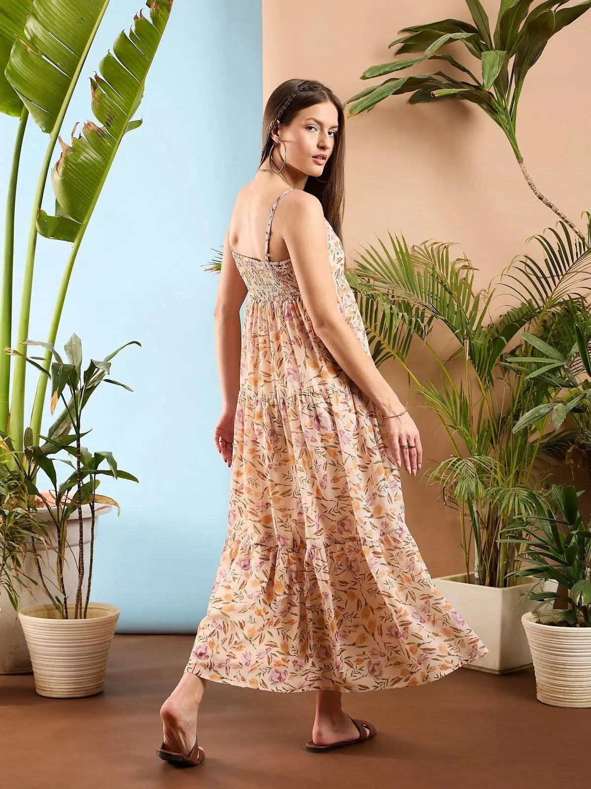 Peach Floral Strappy Maxi - Women's Festive Dress