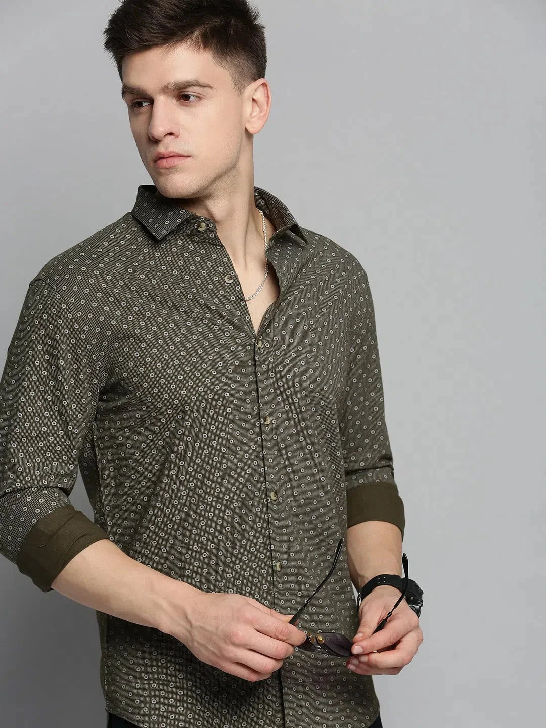 Green Printed Cotton Mens Shirt - Casual & Stylish Design