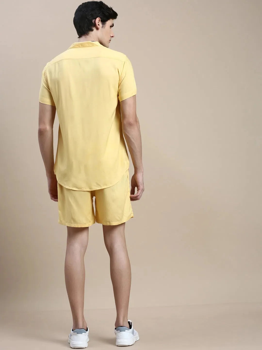 Men's Yellow Solid Cotton Casual Co ord Set | Showoff