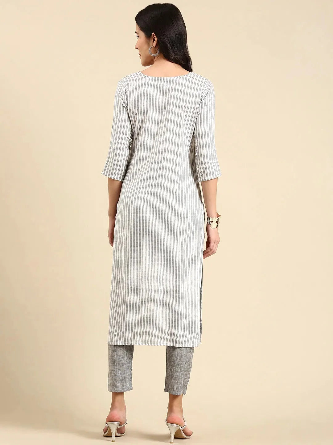 White Striped Cotton Women's Kurta Set | Cotton Kurta Sets