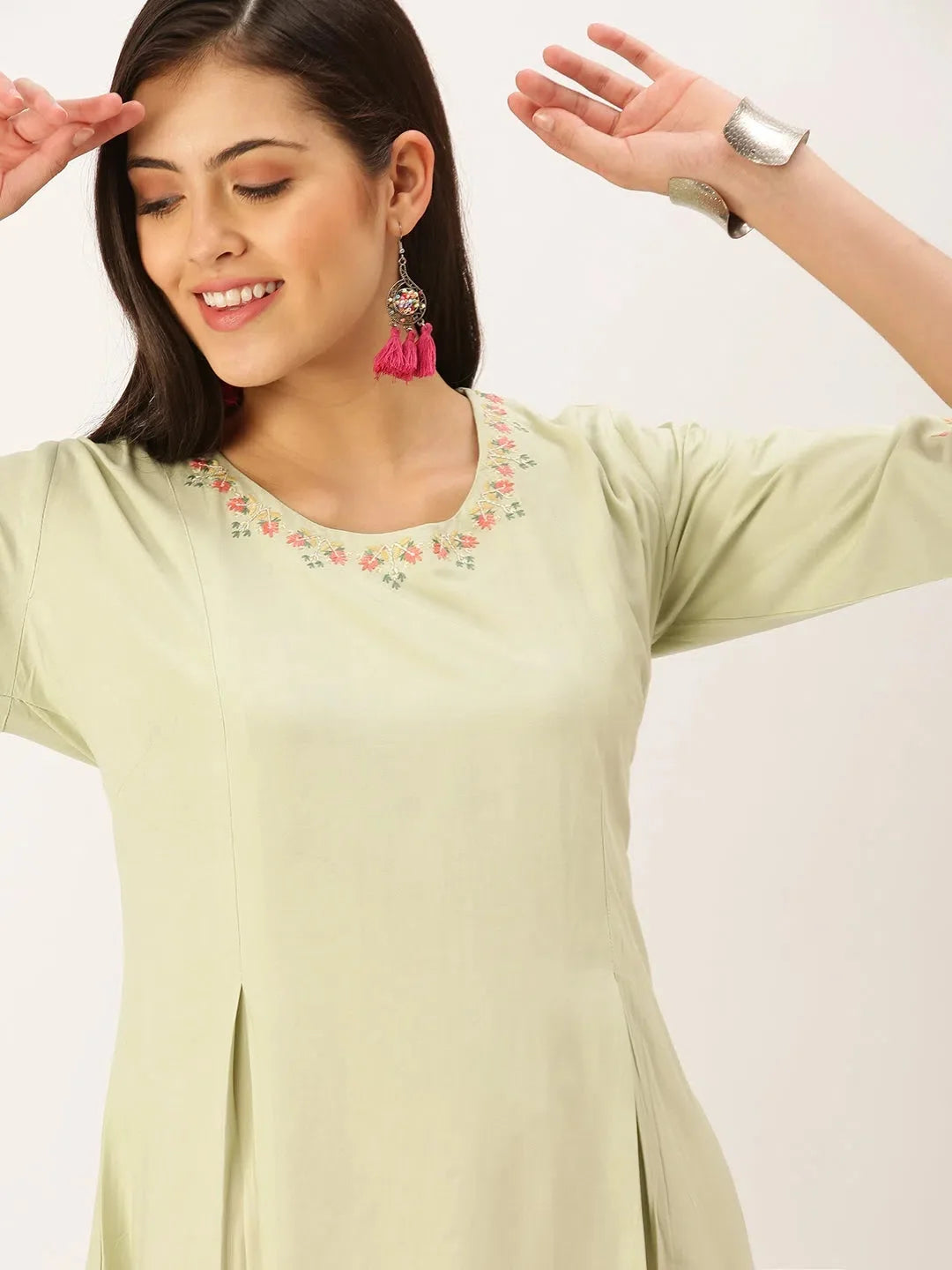 Green Embroidered Cotton Kurta | Women's Indian Kurtis