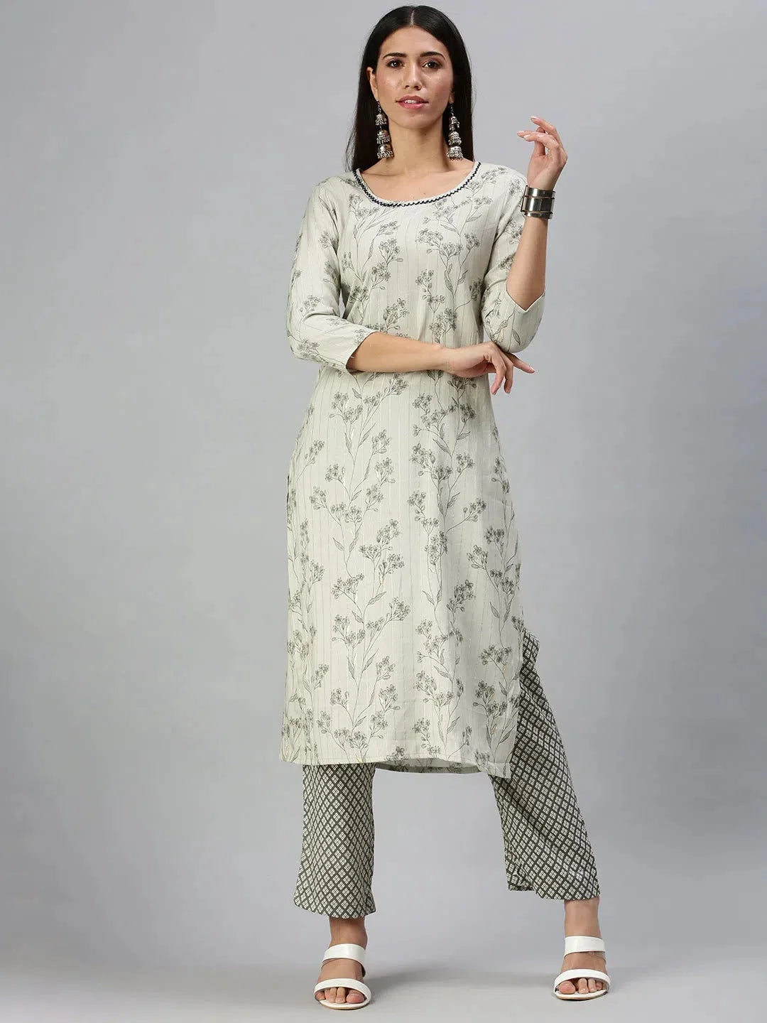 Grey Floral Cotton Kurta Sets | Indian Women's Kurta Set with ...