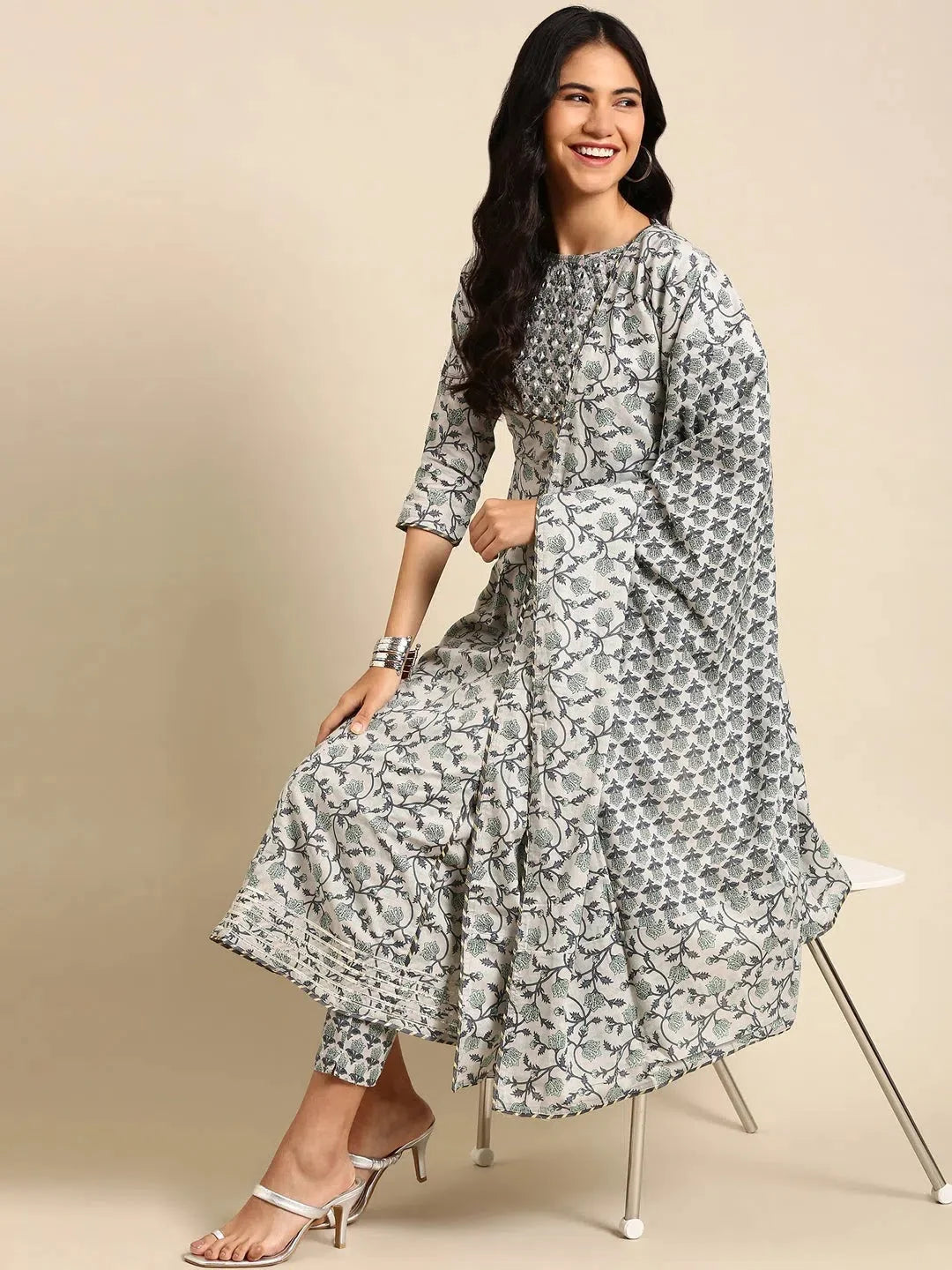 Grey Printed Cotton Kurta Set | Women's Indian Kurta Sets