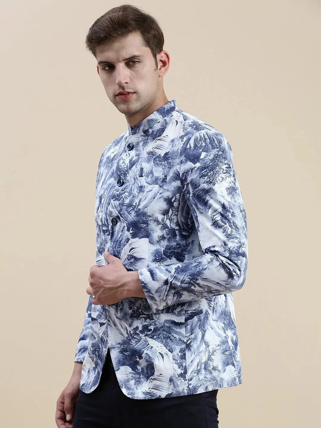 Blue Printed Cotton Blazer | Men's Ethnic Wear - DesiQlo
