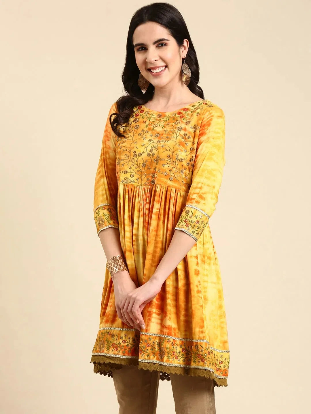 Mustard Tie Dye Anarkali Kurti - Indian Kurta Ladies for Women