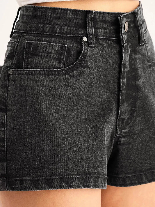 Women Black Denim Faded Shorts 1200