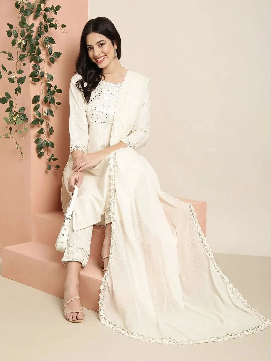 Cream Solid Kurta Set with Dupatta | Women's Indian Kurta Sets