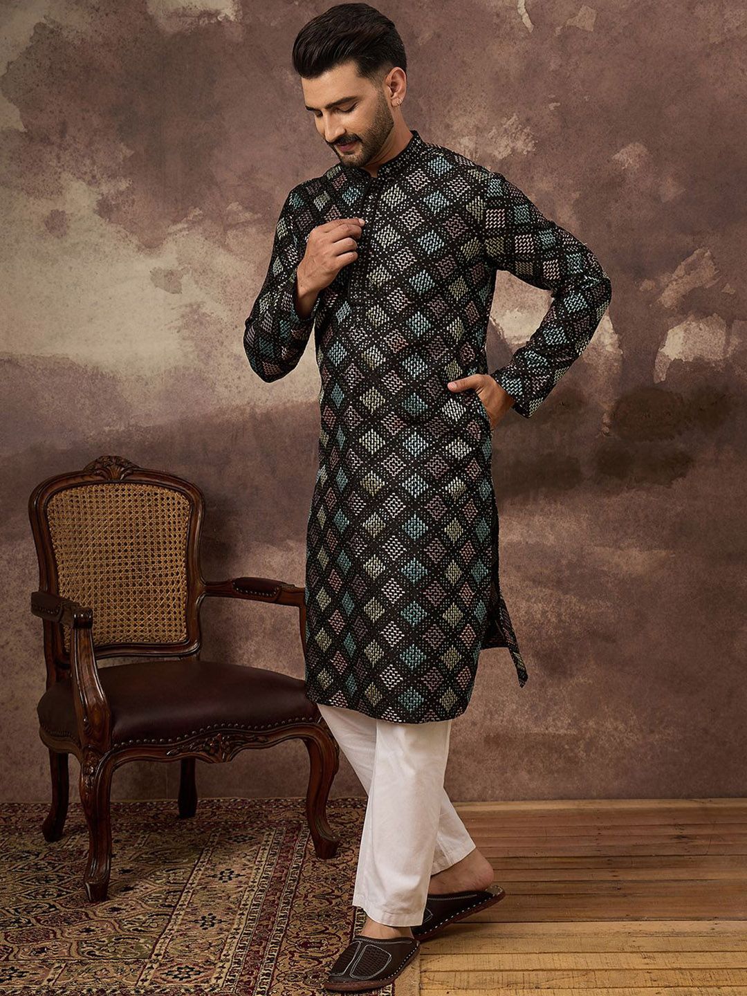 Ethnic Bay Men Black Silk Blend Solid Embroidered Straight Kurta With Pant Set-MKSET1384