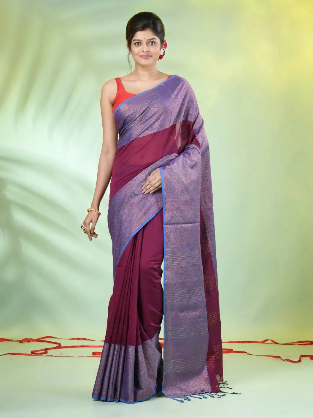 Purple Cotton Indian Sari with Zari Border | MA66BCT43620003