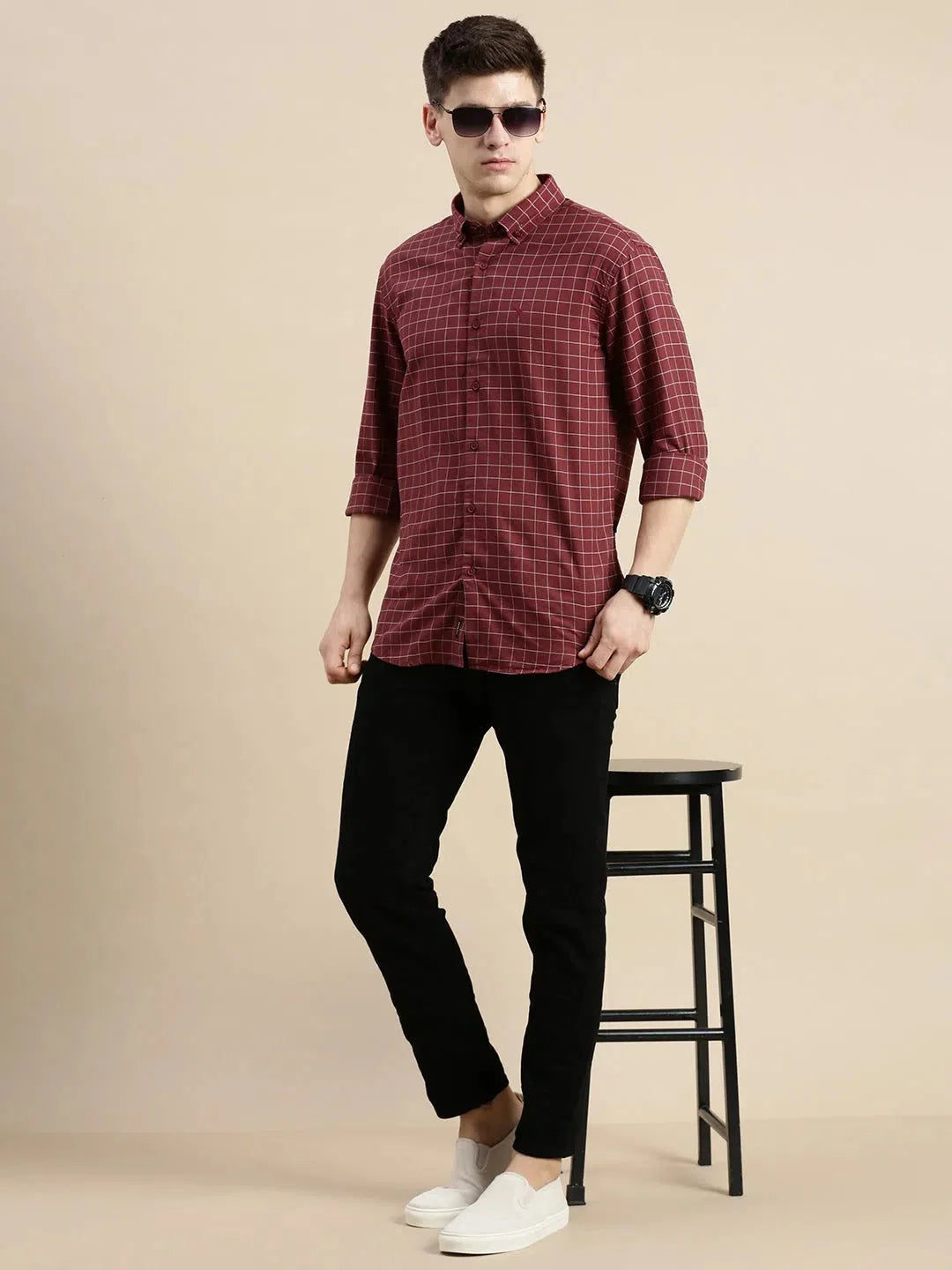 Maroon Checked Mens Shirt | Cotton Casual Shirt