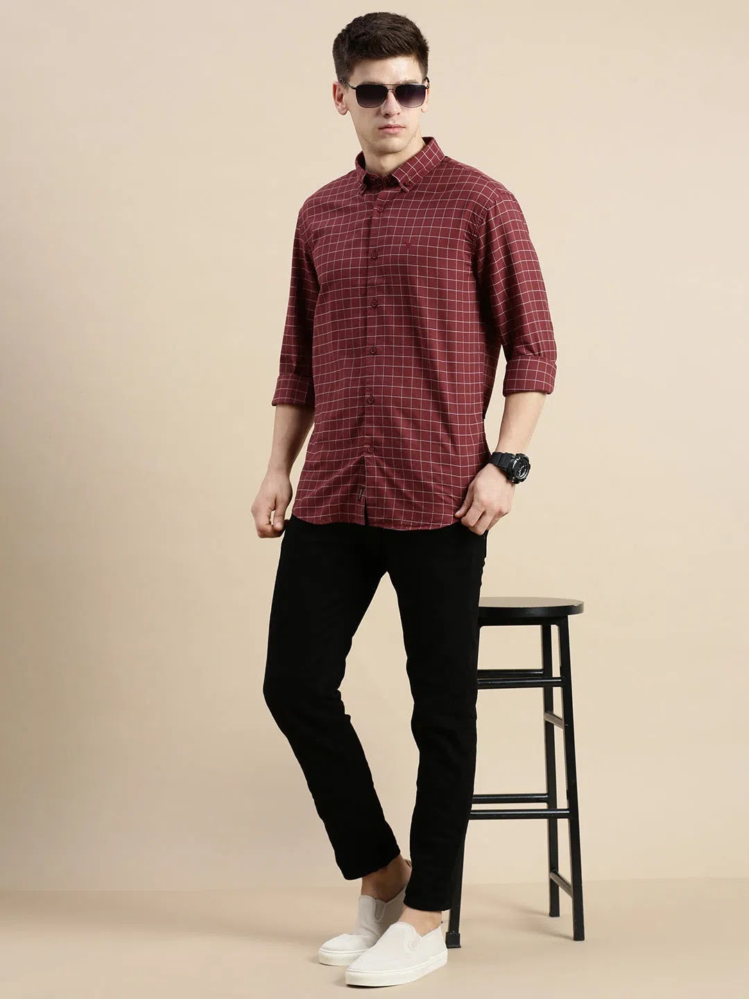Maroon Checked Mens Shirt | Cotton Casual Shirt