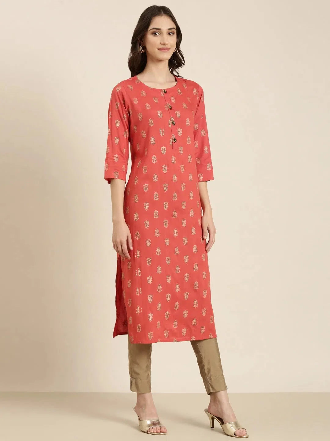 Coral Floral Print Cotton Indian Kurta Ladies - DesiQlo