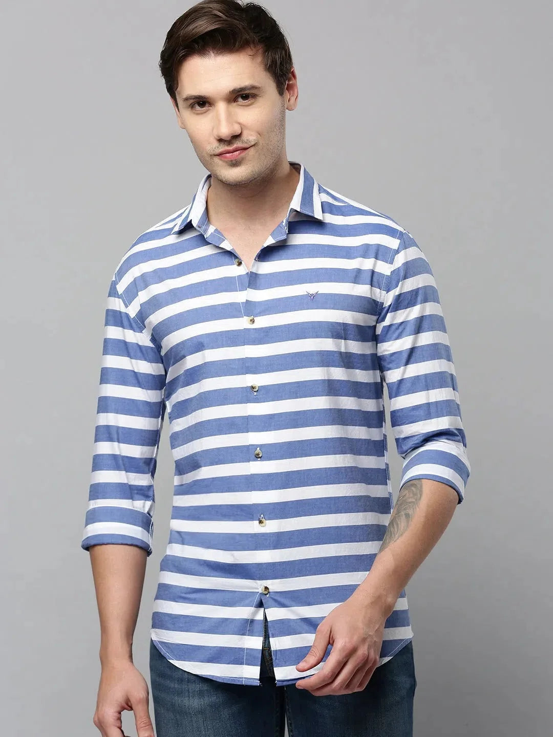 Blue Striped Cotton Shirt - DesiQlo Mens Casual Shirt