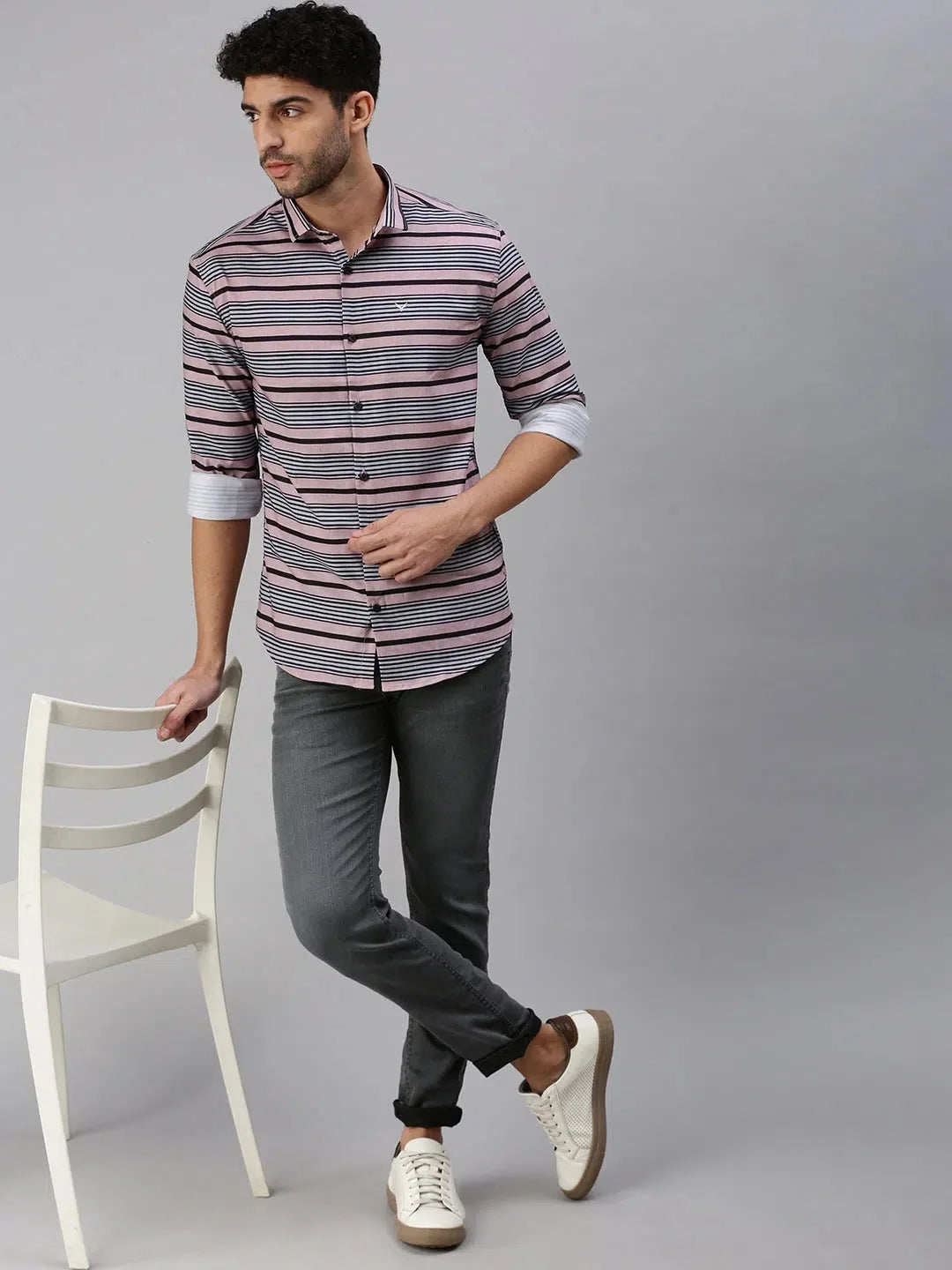 Men Peach Striped Cotton Shirt | Casual Mens Shirt